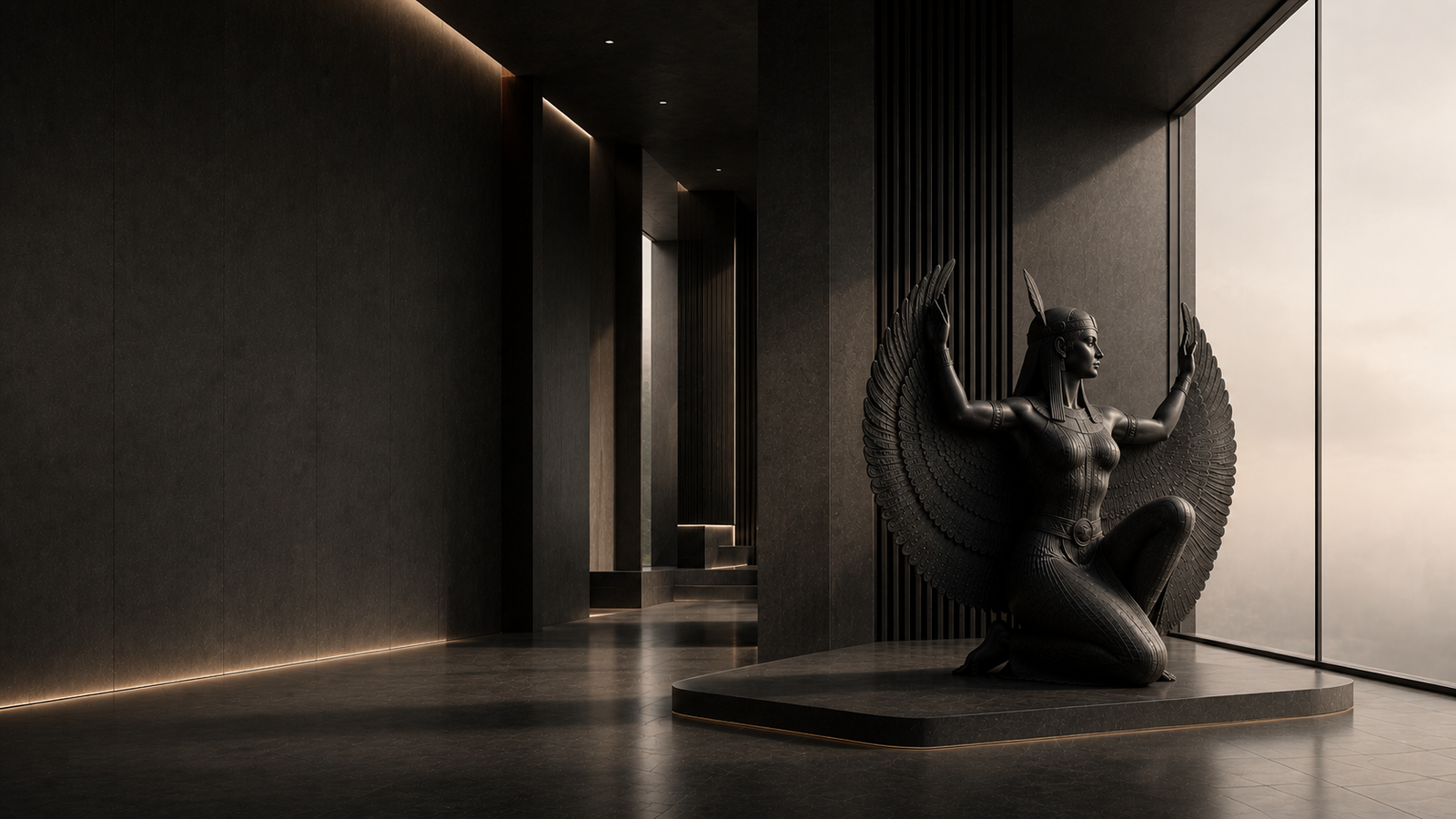 Hero image of Saqaan & Partners featuring a contemporary luxury law firm interior with a black basalt Egyptian-inspired sculpture.